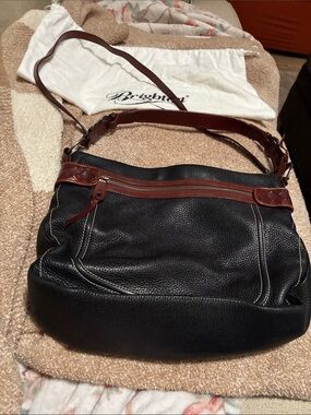 Brighton Black Pebbled Leather Shoulder Bag with Brown Trim